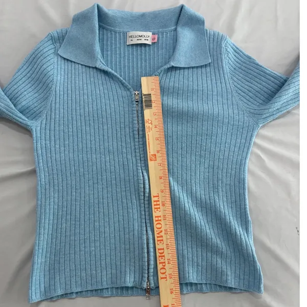 Hello Molly Light Blue Ribbed Knit Zip Up Cardigan Sweater XL US 10 Collar - Image 10
