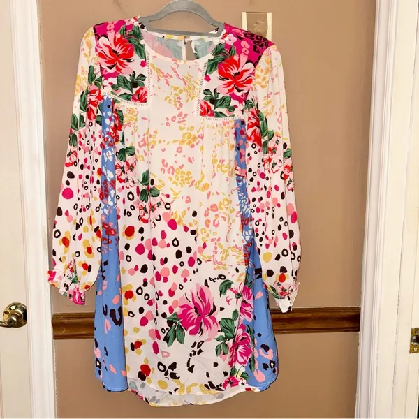 Umgee mixed print floral animal print polka dot balloon sleeve dress size small‎ - Image 2