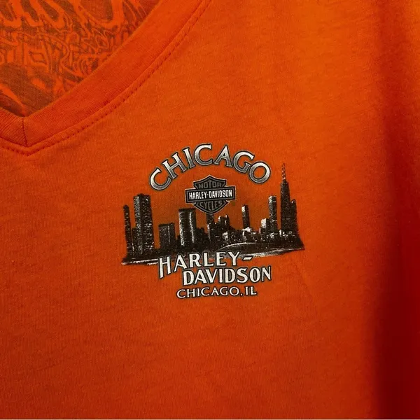 Vintage Harley Davidson Orange Chicago Gangster Biker V-neck T-shirt Size XL - Image 4