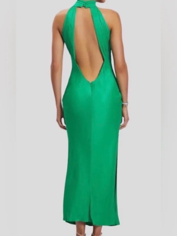 NWT Meshki Claire drape back Dress Green maxi satin open back size XS halter - Image 2