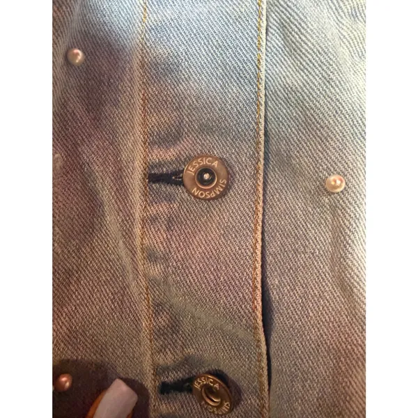 Jessica Simpson Women Large Pearl Embellished Distressed Denim Jacket Light Wash - Image 6