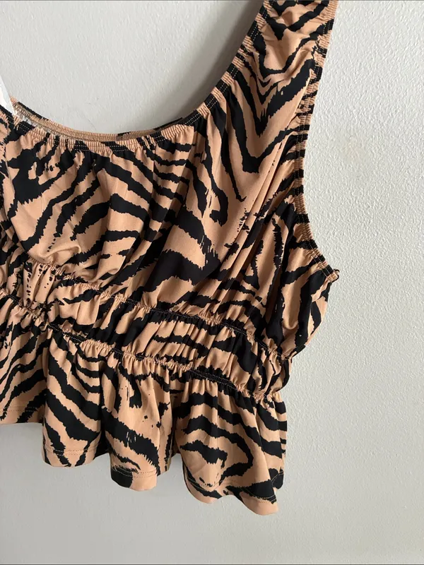 Zebra Print Ruched Peplum Tank Top Ruffle Stretch Tan Black Size Small - Image 2