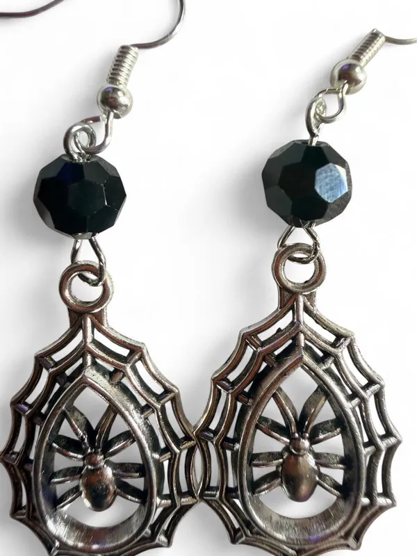 Handmade Silver Spiderweb Spider Black Bead Earrings - Image 3