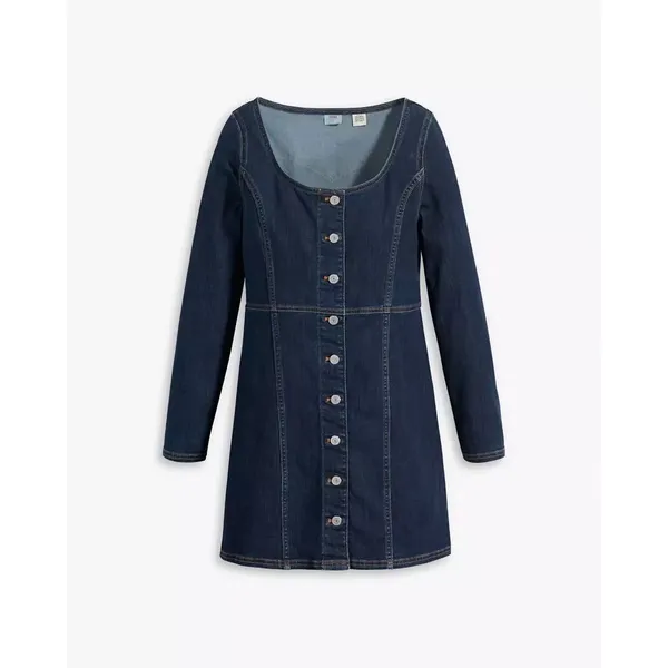 Levis Veda Denim Mini Dress Dark Wash Scoop‎ Neck Button Front Long Sleeve M - Image 11