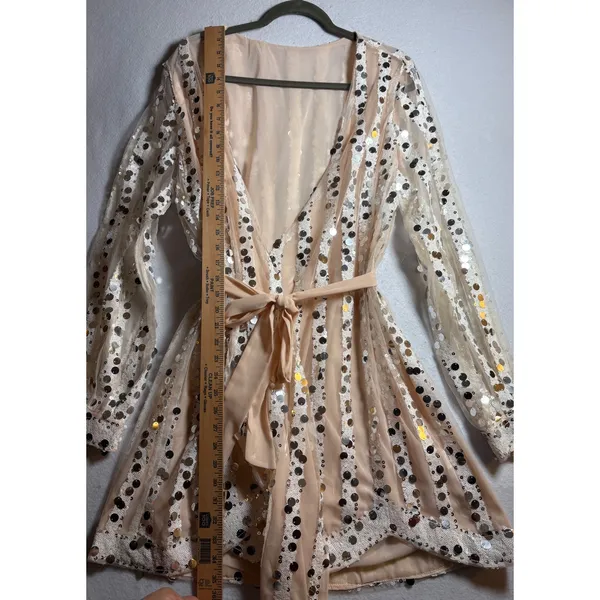 Champagne Sequin Striped Wrap Mini Dress Long Balloon Sleeve V-Neck Party - Image 13
