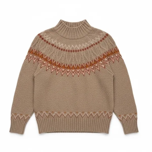 Artelier Nicole Miller Fair Isle Mock Neck Sweater Medium Brown Nordic Yoke Knit - Image 2