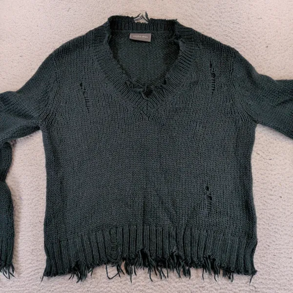 Wooden Ships Paola Buendia Distressed V-Neck Mohair Wool Knit Sweater‎ Green S/M - Image 3