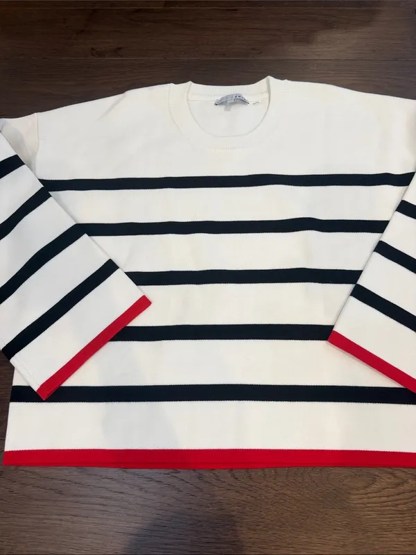 Baltic Born Cream Crewneck Sweater with Black Stripes & Red Trim - C47-041 - Image 3