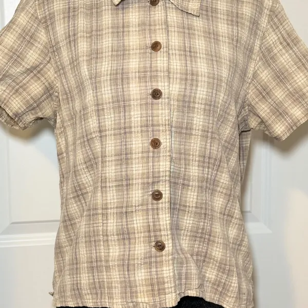 Woolrich Womens 90s Khaki Plaid Cotton Short Sleeve Button Up Shirt Size M - Image 2
