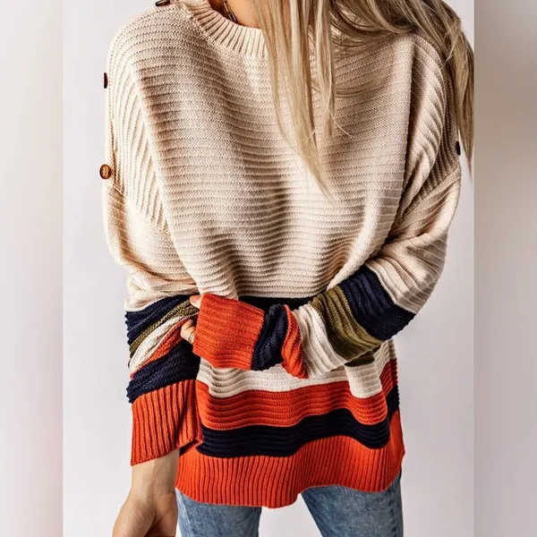 eesome women's size med/large drop shoulder striped pullover cream sweater - Image 10