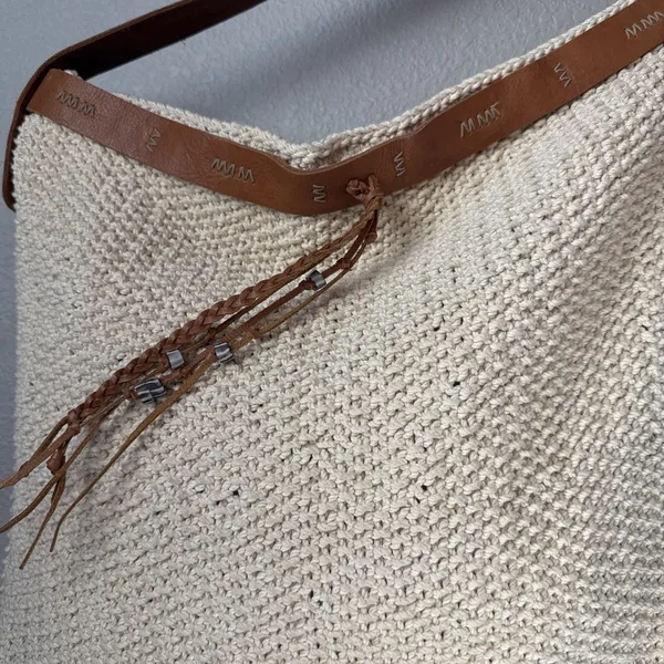 Lucky Brand Ivory Cotton‎ Crochet Leather Trim Boho Hobo Shoulder Bag Purse Tote - Image 6