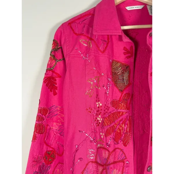Laura Ashley Womens Pink‎ Embroidered Floral Applique Denim Jacket Small Spring - Image 2