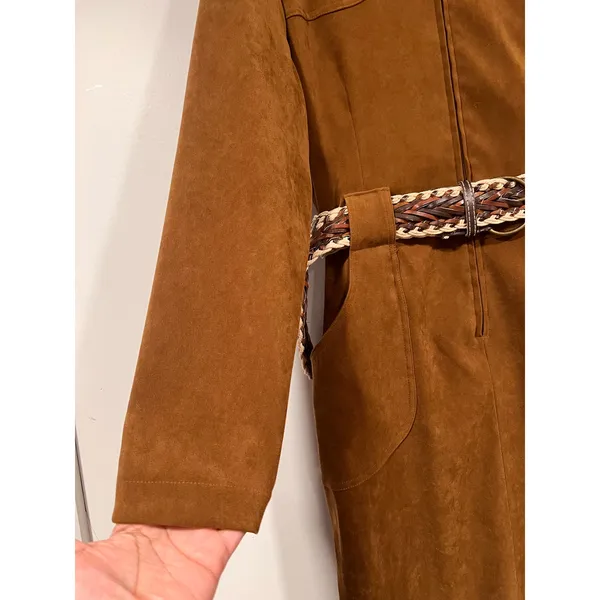 Vintage Amanda Smith Faux Suede Shirt Dress With Boho Braided Belt Tan Size 10 - Image 5