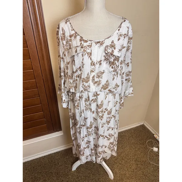 J. Gee Womens 2X Floral Midi Dress White Brown Elastic Waist Lined Cottagecore - Image 9