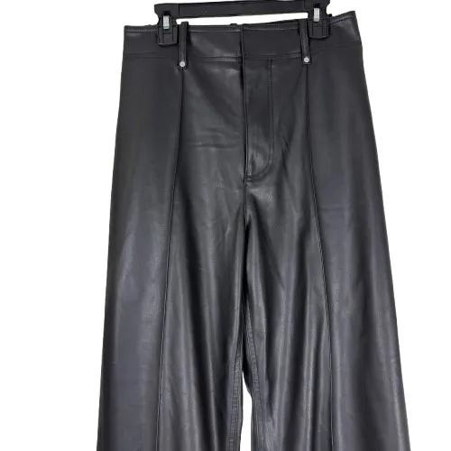 Zara Black Faux Leather Wide Leg Pants Pleat Front Trousers Edgy Office Size 2 - Image 2