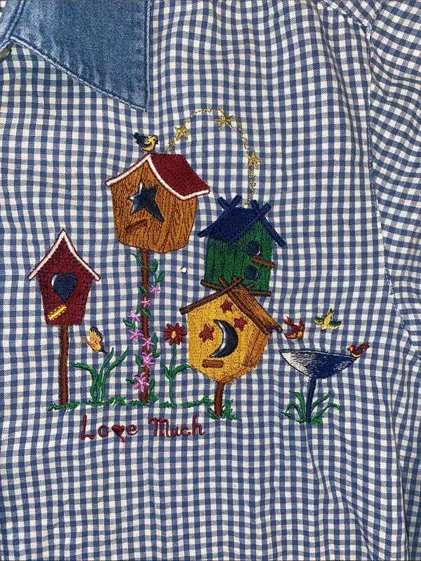 Quaker Factory Blue Gingham Button-Up Shirt with Embroidered Birdhouses - Image 4