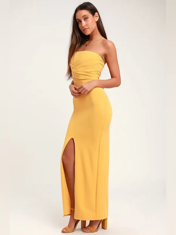 Lulus Own the Night Golden Yellow Strapless Maxi Dress Size Medium - Image 3