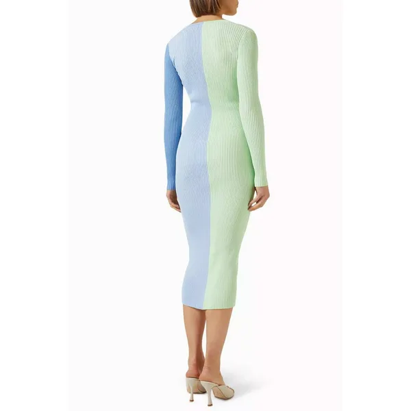 STAUD Sweater Dress Womens Shoko Size M Green Blue Ribbed Knit‎ Colorblock Midi - Image 2