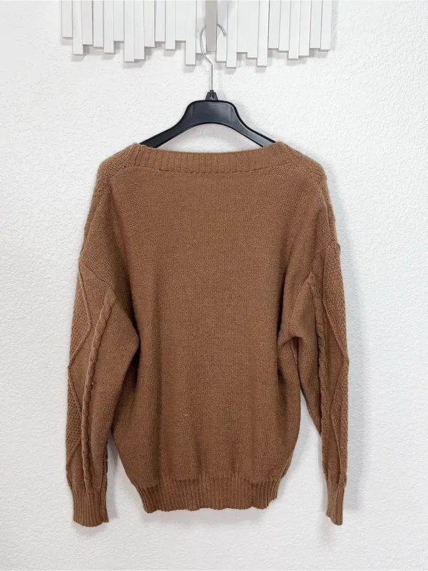Camel Brown Cable Knit Button Front V Neck Oversized Cardigan Sweater - Image 6