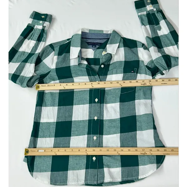 Tommy Hilfiger Womens Small S/P Green White Gingham Plaid Button Down Shirt - Image 10