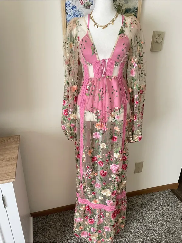 For Love & Lemons Luna Embroidered Floral Tulle Maxi Dress Ethereal Small New - Image 11