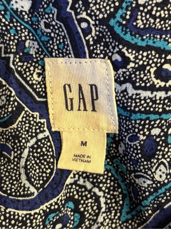GAP Blue Paisley Shirred Swing Dress Tie Waist Pockets Size M - Image 9