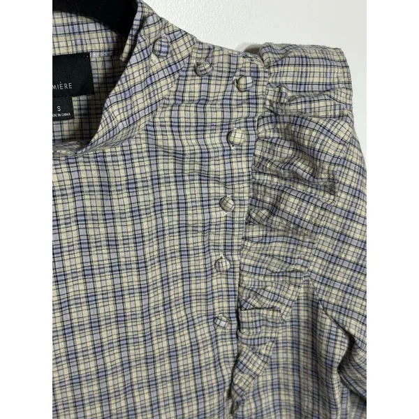 Lumiere Prairie Blouse Long Sleeve Ruffled Shoulder Buttons Plaid Size Small EUC - Image 2