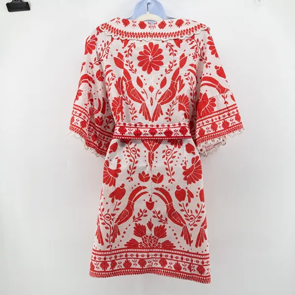 FARM Rio Jungle Flow Linen Toucan Pineapple Mini Dress M Red Boho Resort Wear - Image 8