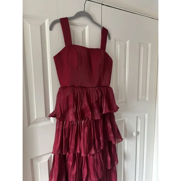 Red Tiered Ruffle Dress With Straps Size 8 - Image 3