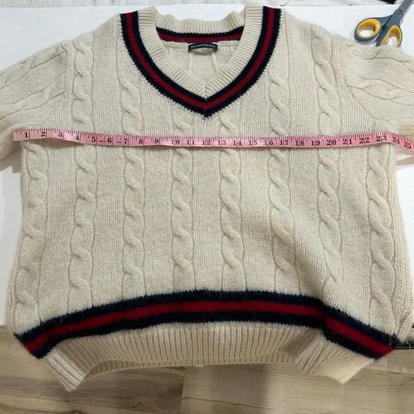 Brandy Melville Cable Knit Varsity V Neck Sweater Cream One Size Preppy - Image 5