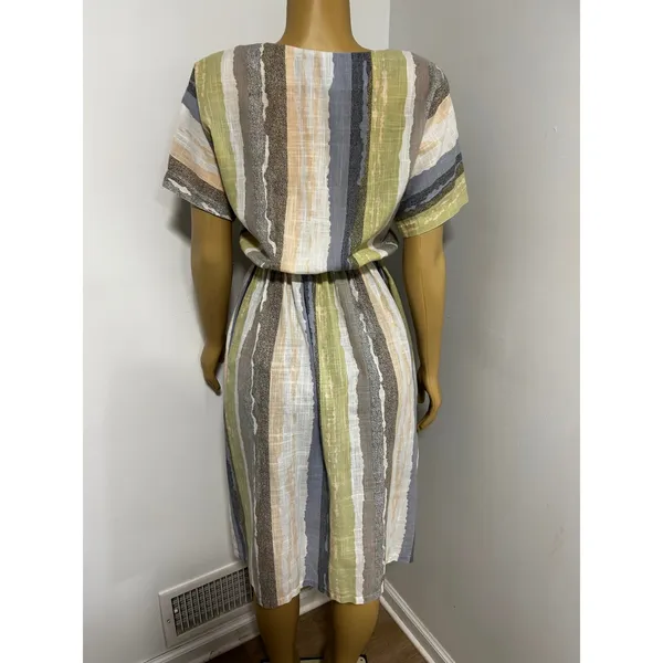 Vintage Style Abstract Stripe Midi Dress Short Sleeve Elastic Waist Earth Tones - Image 2