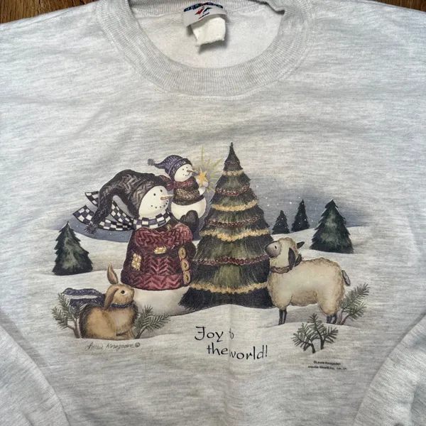 VTG 90s Jerzees Christmas Snowman Crewneck Sweatshirt Womens L Winter Scene‎ - Image 2