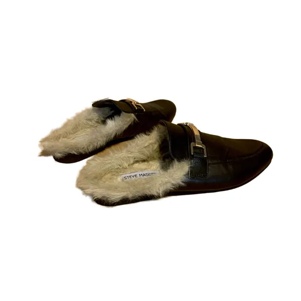 Steve Madden "Khloe” Black Leather With Faux Fur Lining Mule Slides (9) - Image 2
