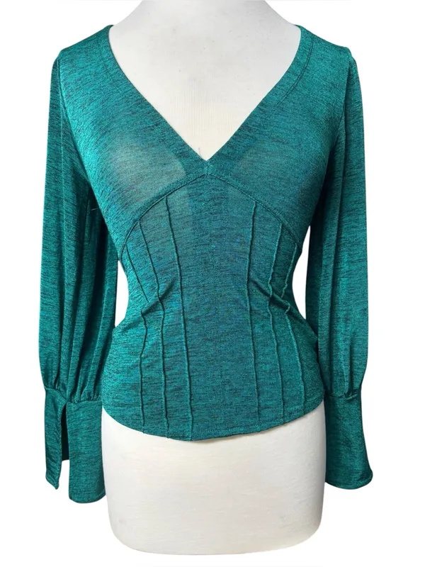 Free People Teal Green Heathered V-Neck Bishop Sleeve Pleated Top (S) - Image 2