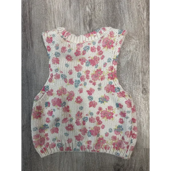Zara Womens Floral Chunky Knit Sweater Vest‎ Pink Blue Cream Size Medium - Image 3