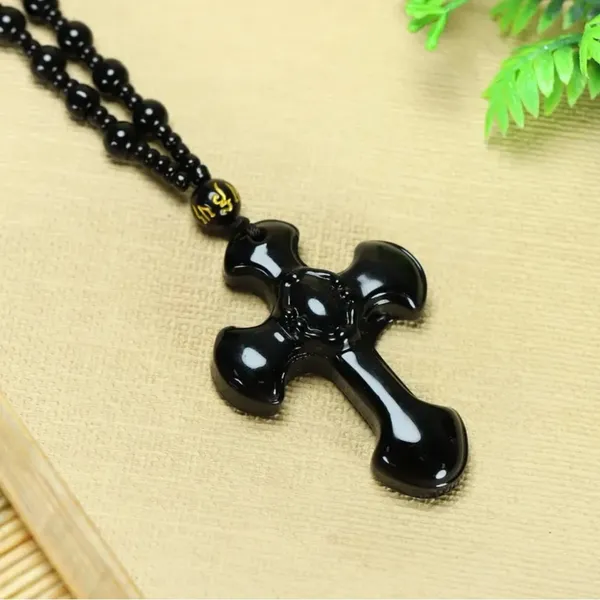 1pc Classic‎ Religious Style Christian Cross Fashion Obsidian Pendant Necklace - Image 16