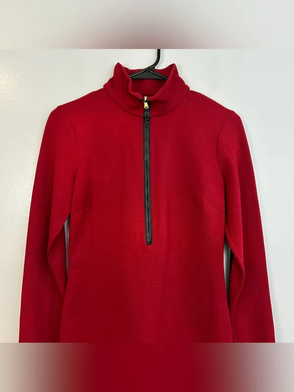 Ralph Lauren Red Mock Neck Lamb Leather Elbow Pad Sheath Bodycon Dress Size 2 - Image 3