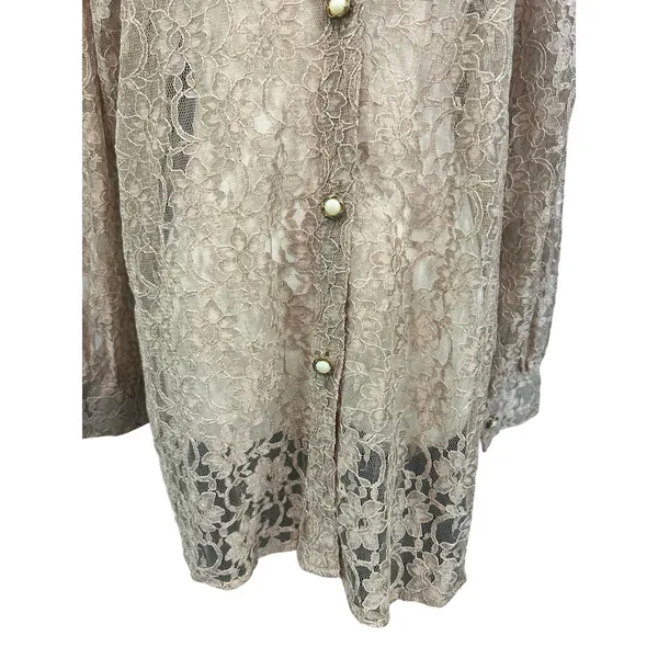 Floral Lace Blouse Button Down See Through Beige Long Sleeve Romantic Boho Chic - Image 4