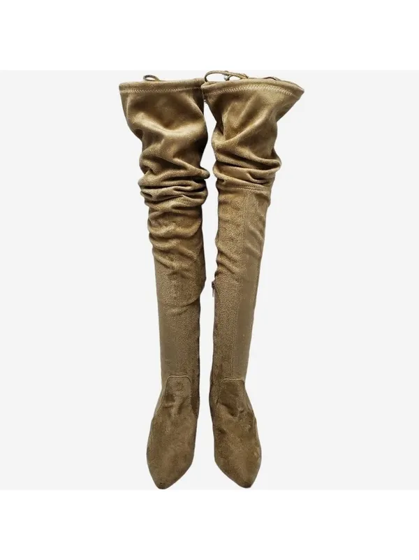 Suede Pointed Toe Over The Knees Thigh High Stretchy Heeled Boot - Image 12