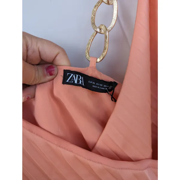 NEW ZARA Pleated Dress with Chain Strap Peach Midi Gold Faux Wrap Surplice XS - Image 8