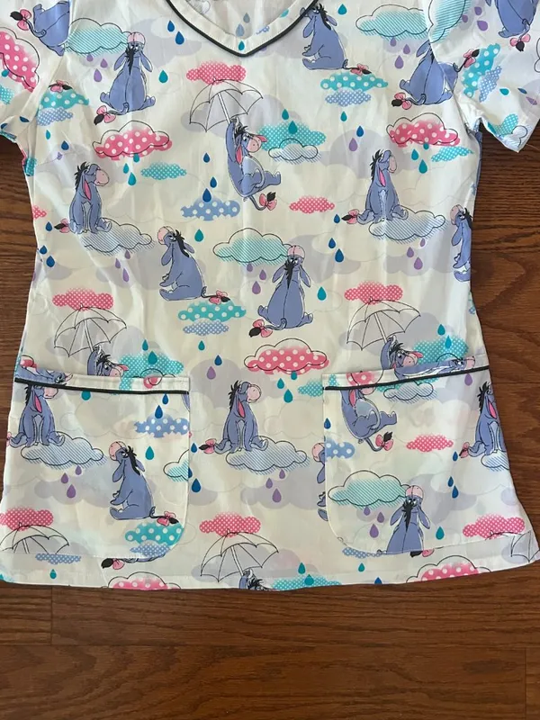 Disney Eeyore Sunshower Womens Scrub Top V-Neck Short Sleeve Pockets Size Small - Image 6