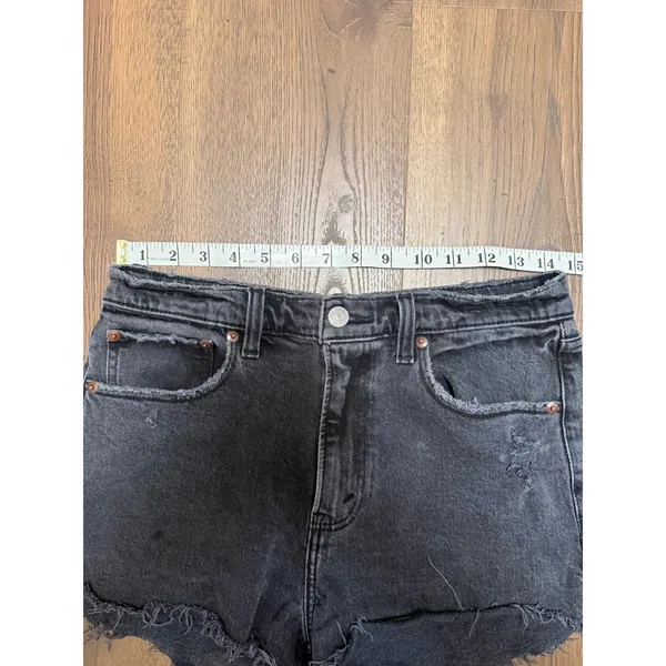 Abercrombie & Fitch High Rise Distressed Denim Shorts Washed Black Frayed Hem 29 - Image 4