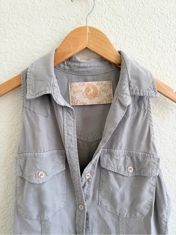 Bella Dahl Sleeveless Button Down Collard Tank Gray Cream S - Image 6