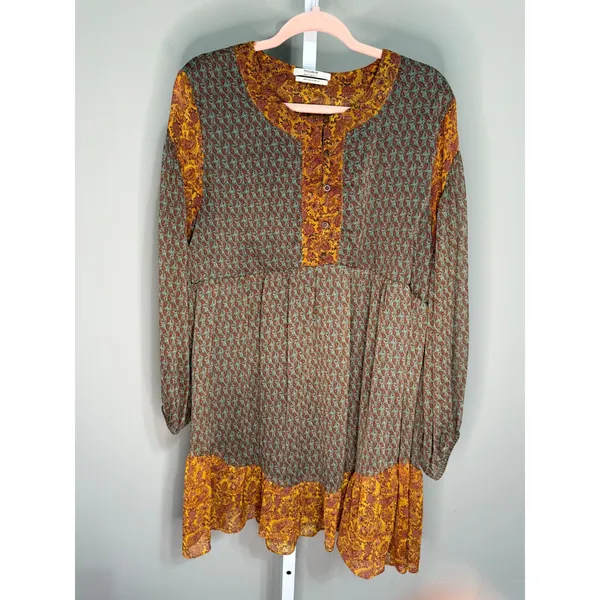 Pull&Bear Paisley Boho Babydoll Tiered Dress XL Brown Orange Peasant Cottagecore - Image 3
