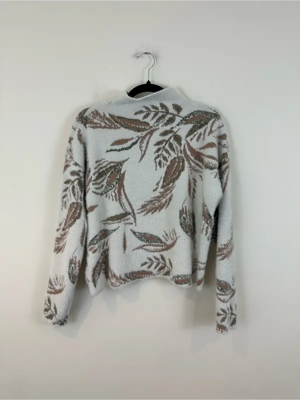 Tahari Cozy Leaf-Print Mock Neck Sweater Eyelash Knit Size Medium Women's - Image 5