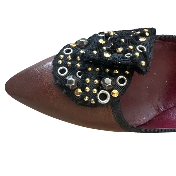 Prada Vintage Brown Leather Studded Grommet Bow Pumps Pointed Toe IT40 9.5 - Image 12