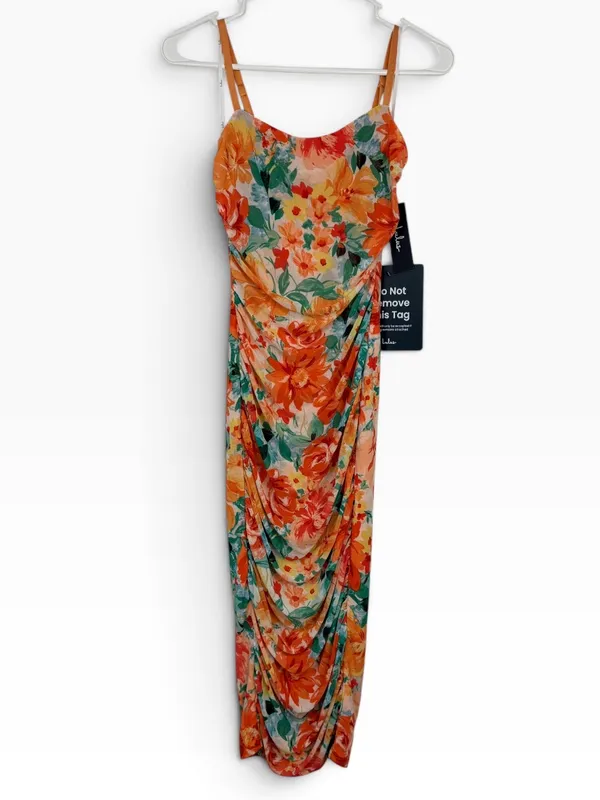 NWT * LULU’S Date Night Beauty Orange Floral Print Mesh Ruched Midi Dress Sm - Image 7