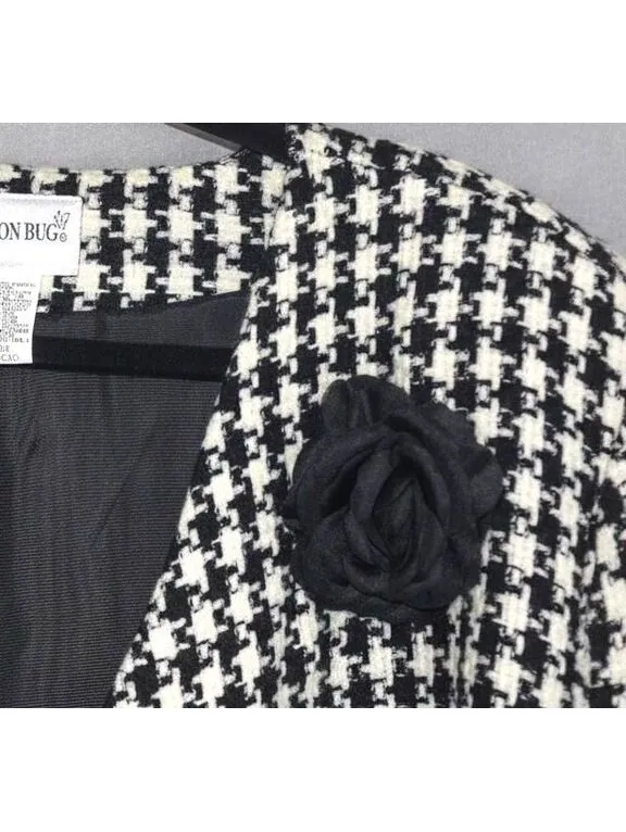 Fashion Bug Black White Houndstooth Tweed Collarless Blazer Rosette Pin 22/24 - Image 4