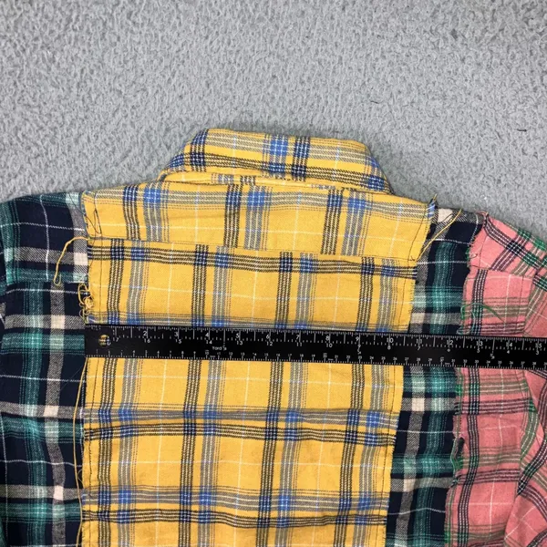 Patchwork Flannel Shirt Women L Cropped Colorblock Plaid‎ Grunge Punk Raw Hem - Image 10