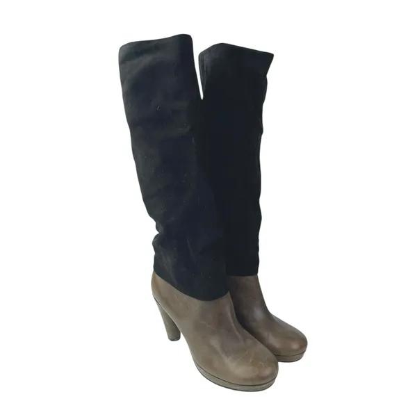Joy Chen Women's Black Brown Suede Leather Round Toe Heeled Tall Boots Size 7 - Image 5